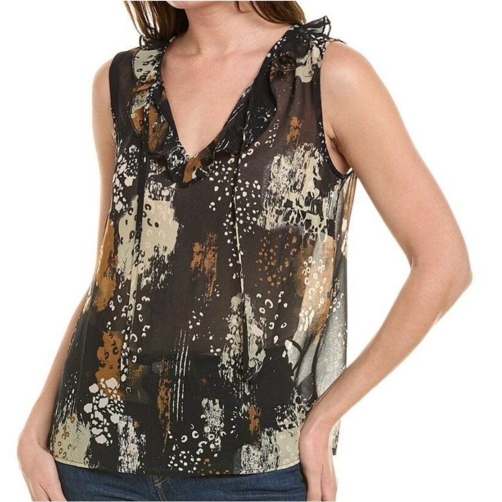 Cabi Abstract Sheer Ruffled Tie V Neck Sleeveless Blouse Casual Small